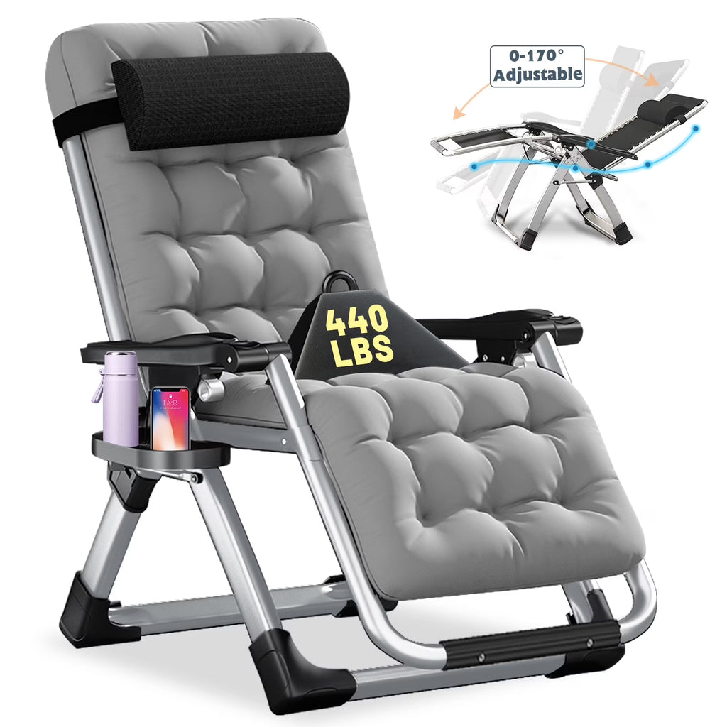 Zero Gravity Reclining Patio Folding Chair with Removable Cushion, Cup Holder, Support 440 LBS F930