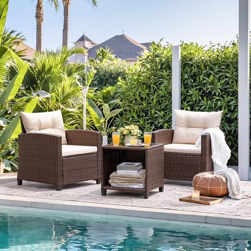 3 Pieces PE Rattan Wicker Patio Furniture Set with Chairs and Table L43301