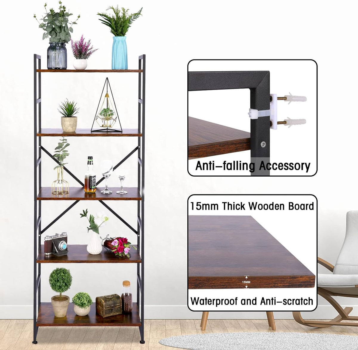 5-Tier Wood and Metal Frame Bookshelf D23598