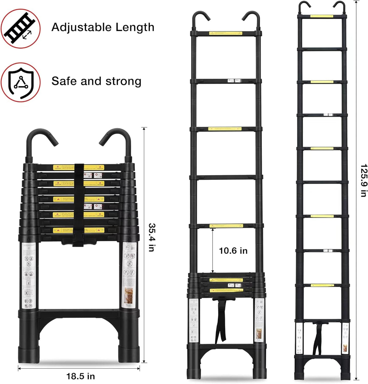 Telescoping Ladder 10.5 FT Aluminum with 2 Detachable Roof Hooks and 2 Triangle Stabilizers F617
