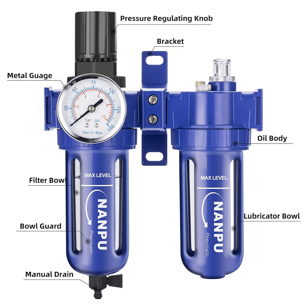Compressed Air Filter Regulator Lubricator, Zinc Alloy, 5 Micron Brass Element, 0-150 psi Gauge B7987
