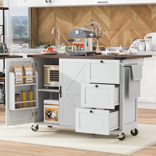 54.5" Kitchen Island with Drop Leaf, Storage Cabinet, 3 Drawer A27258