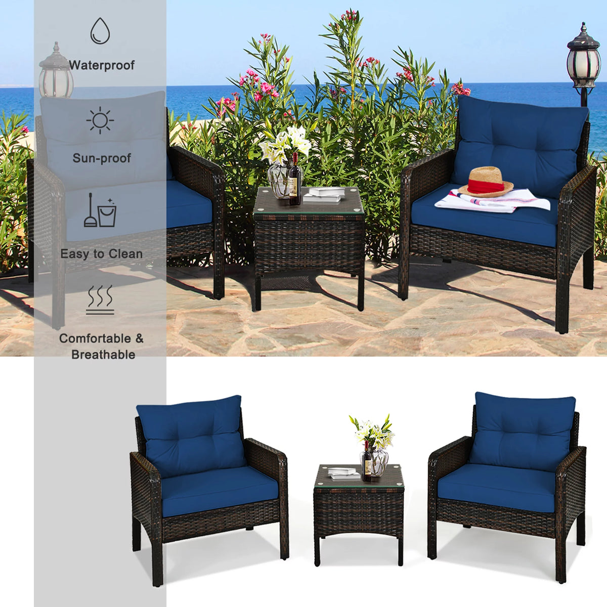3 Pcs Rattan Patio Conversation Set with Navy Cushions F2137