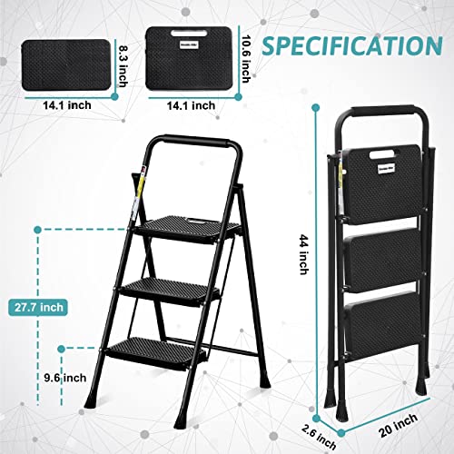 3 Step Folding Steel Step Ladder with Handgrip, 500 Lbs, Black T936