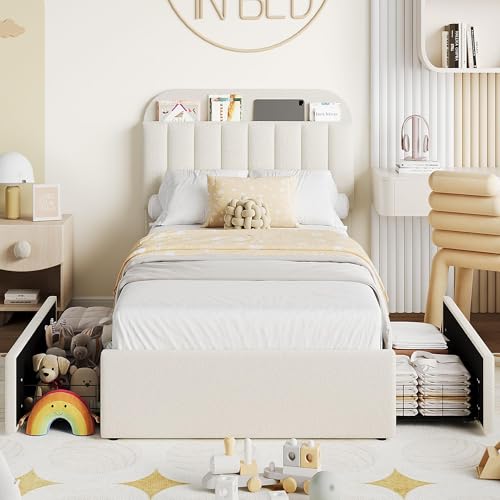 Beige Boucle Upholstered Twin Platform Bed with 2 Drawers J30555