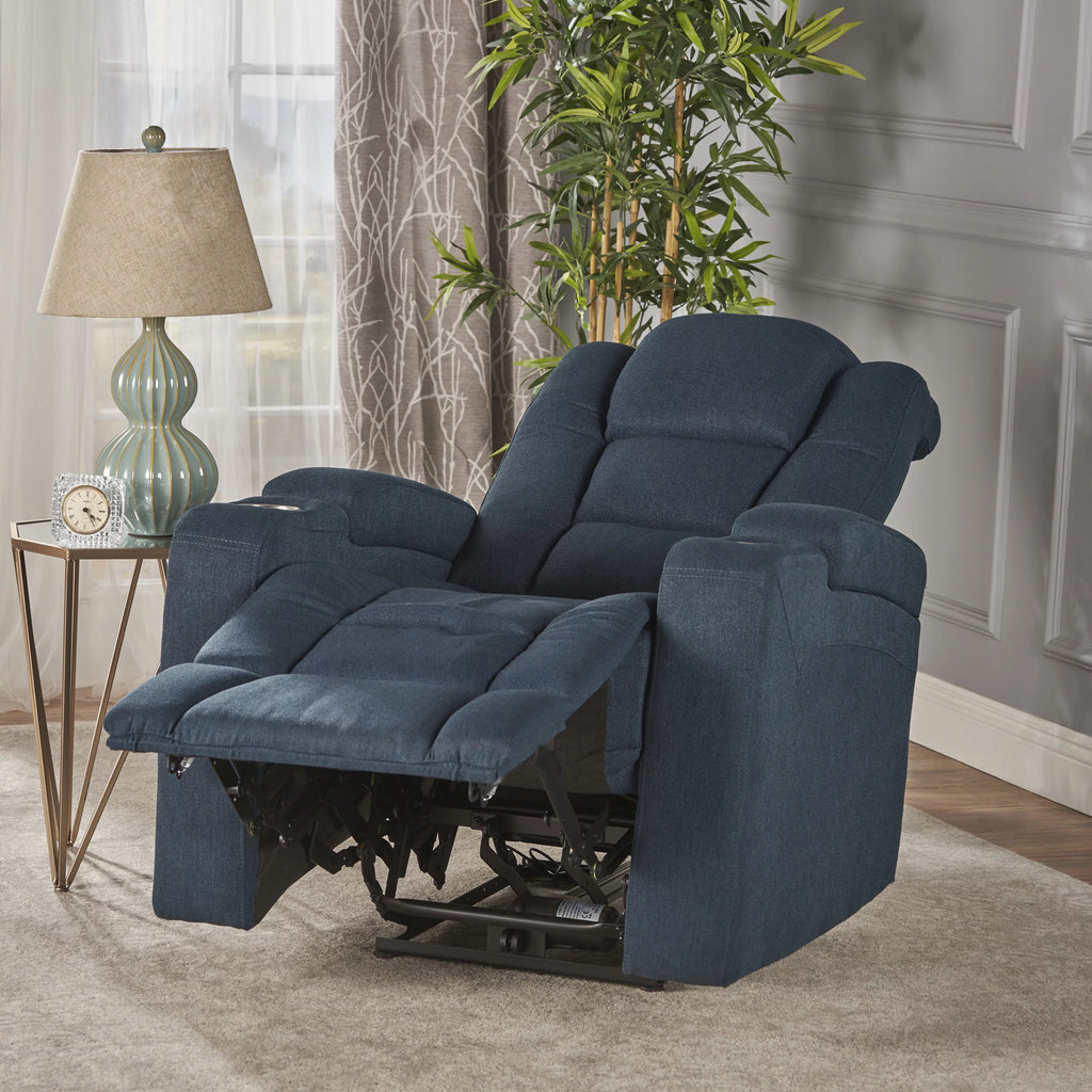 Navy Blue Tufted Fabric Power Recliner L8142