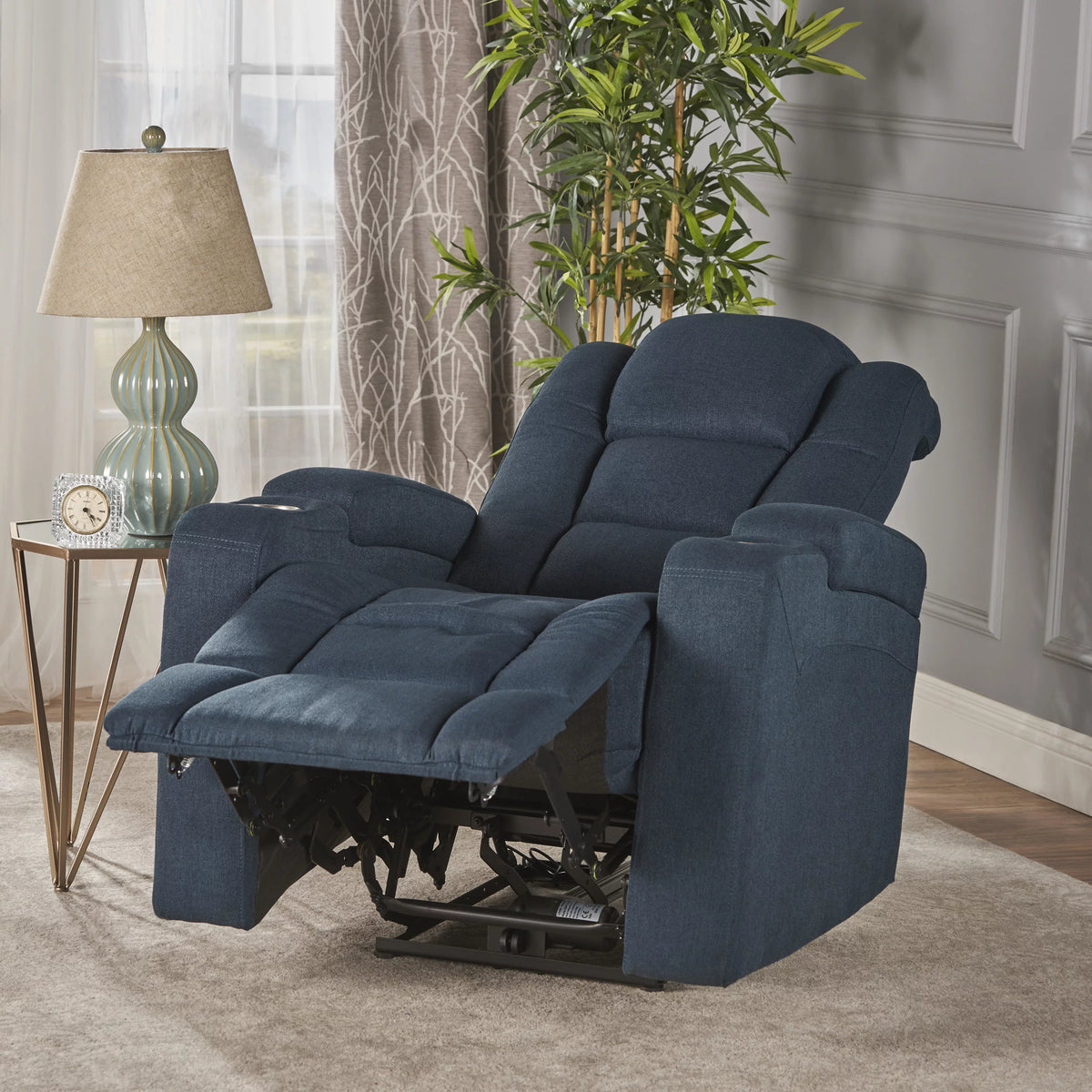 Navy Blue Tufted Fabric Power Recliner L8142