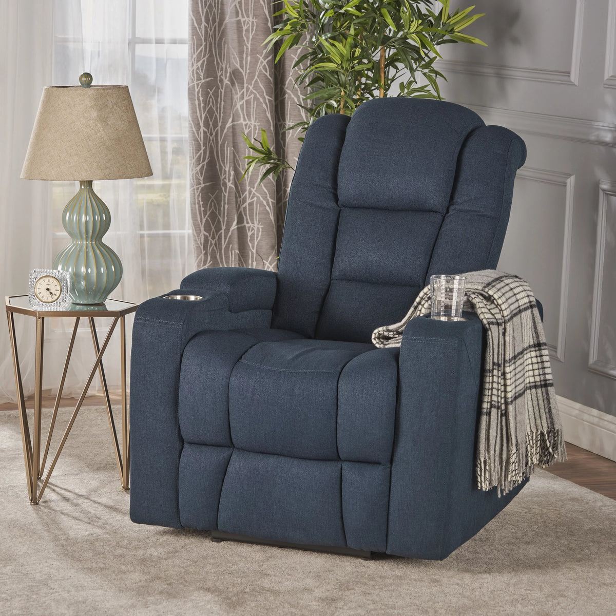 Navy Blue Tufted Fabric Power Recliner L8142