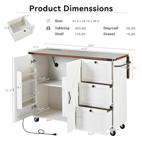 54.5" Kitchen Island with Drop Leaf, Storage Cabinet, 3 Drawer A27258