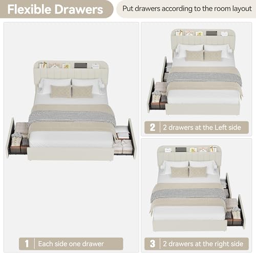 Beige Boucle Upholstered Twin Platform Bed with 2 Drawers J30555