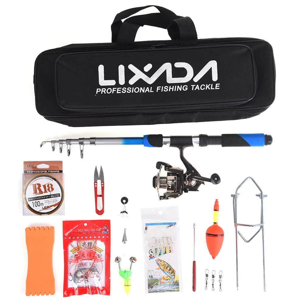 2.1m Telescopic Fiberglass Fishing Rod Reel Baits Hooks Bag Kit R647