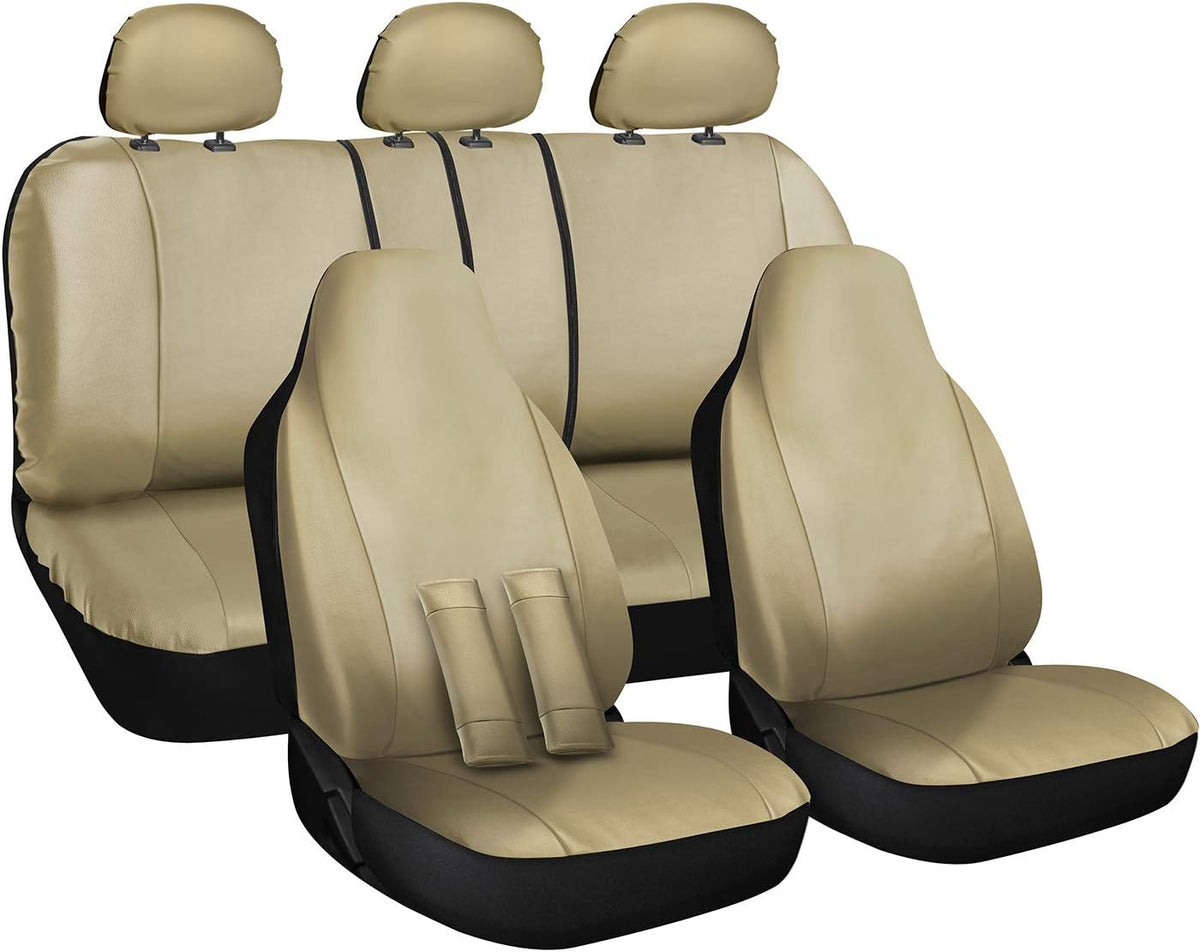 PU Leather Solid Beige Car Seat Cover Full Set D1061