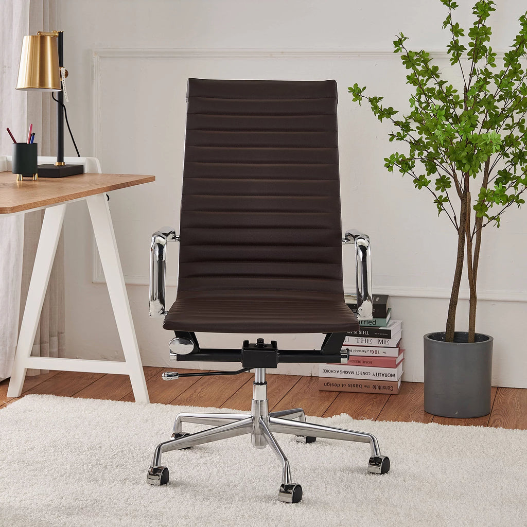 High Back Executive Office Chair with Armrest Adjustable Swivel Vegan Leather Brown D633