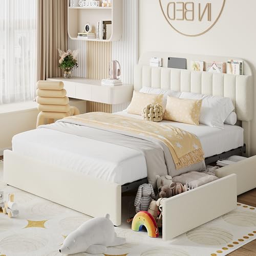 Beige Boucle Upholstered Twin Platform Bed with 2 Drawers J30555