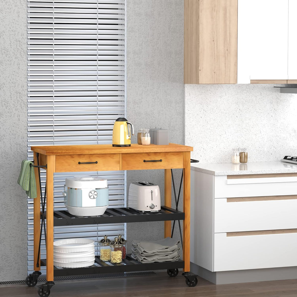 Kitchen Island Cart with 2 Drawers and Open Storage Shelves Z76854