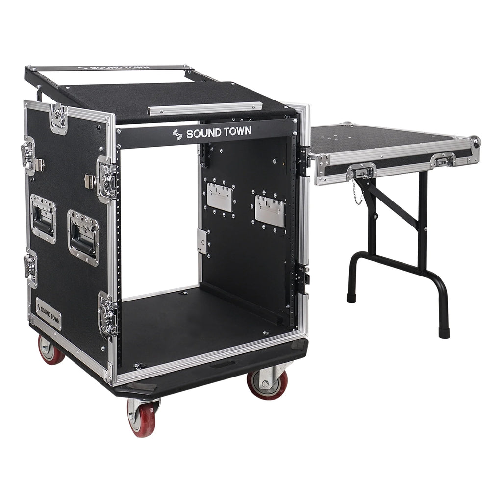 12U PA DJ Pro Audio Rack Road ATA Case with 11U Slant Mixer Top, Locking Drawer, Side Table, 20’’ Rackable Depth and Casters I646866
