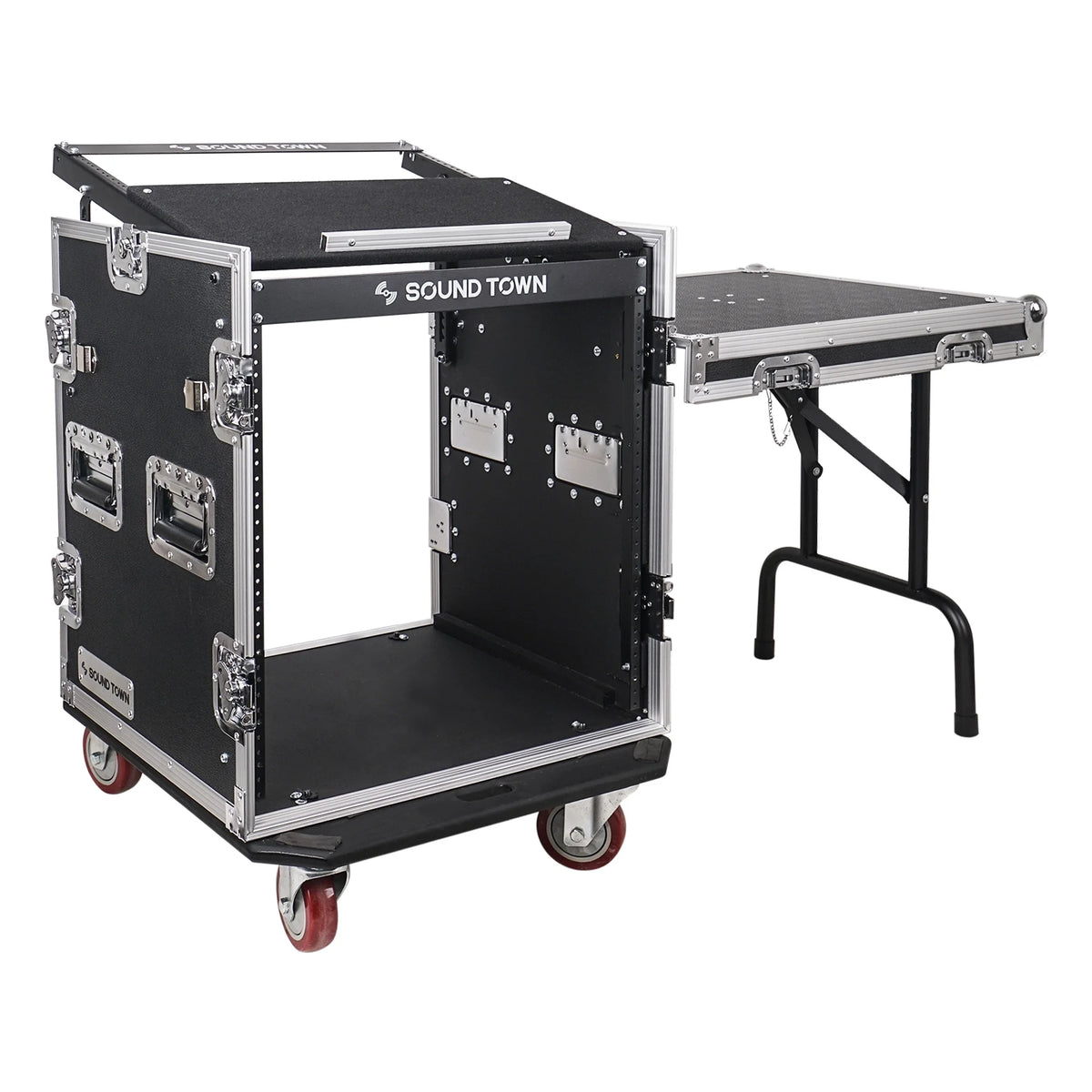 12U PA DJ Pro Audio Rack Road ATA Case with 11U Slant Mixer Top, Locking Drawer, Side Table, 20’’ Rackable Depth and Casters I646866