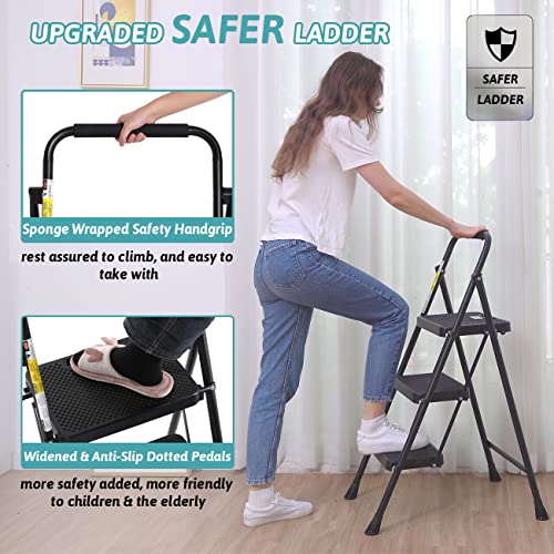 3 Step Folding Steel Step Ladder with Handgrip, 500 Lbs, Black T936