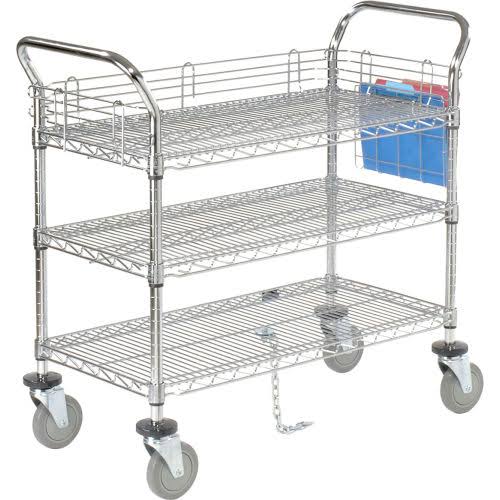 Utility Cart, 3 Shelf, Chrome, Polyurethane Casters U121