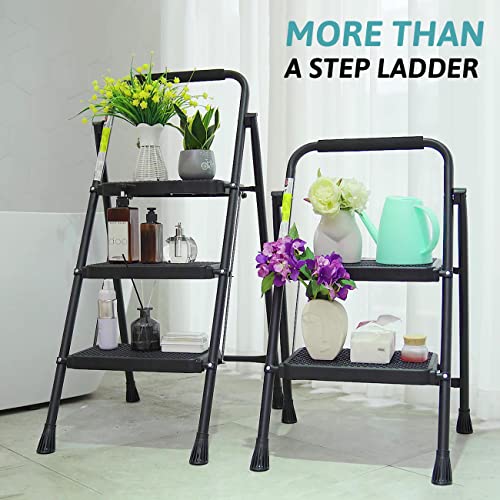 3 Step Folding Steel Step Ladder with Handgrip, 500 Lbs, Black T936