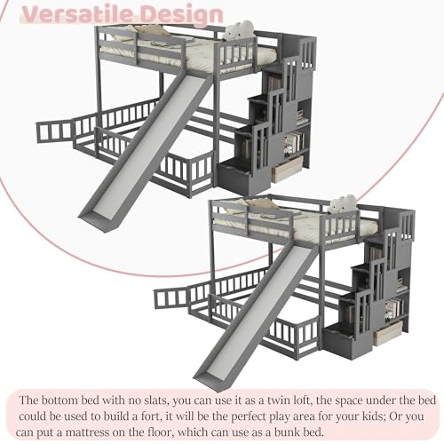 Twin Over Full Bunk Beds with Slide and Stairs, Wood Bunk Bed with Storage Staircase, Gray X991460