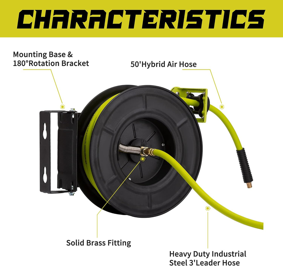 Retractable Air Hose Reel 3/8" 50ft+3ft, Hybrid Air Hose 300 PSI N532872