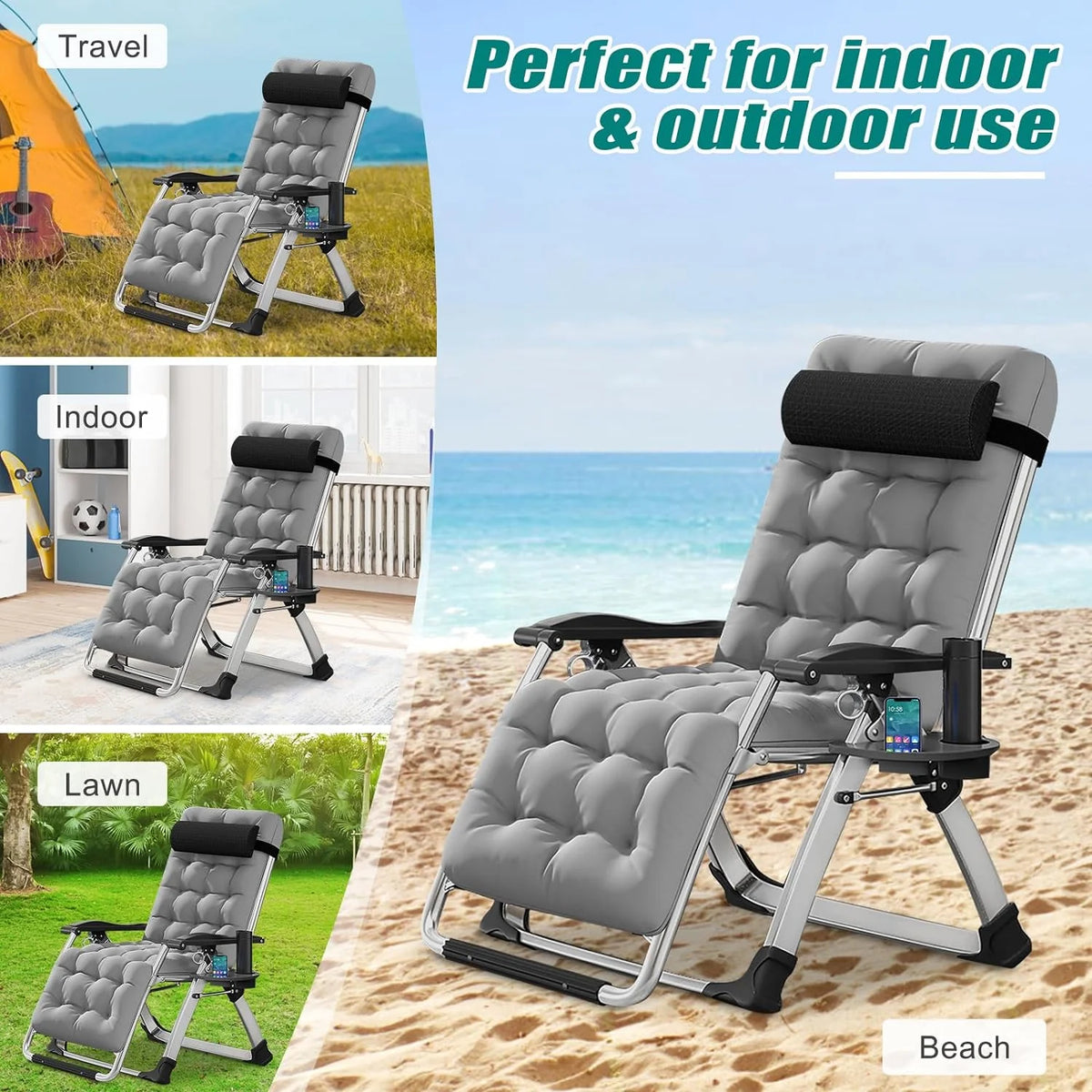 Zero Gravity Reclining Patio Folding Chair with Removable Cushion, Cup Holder, Support 440 LBS F930