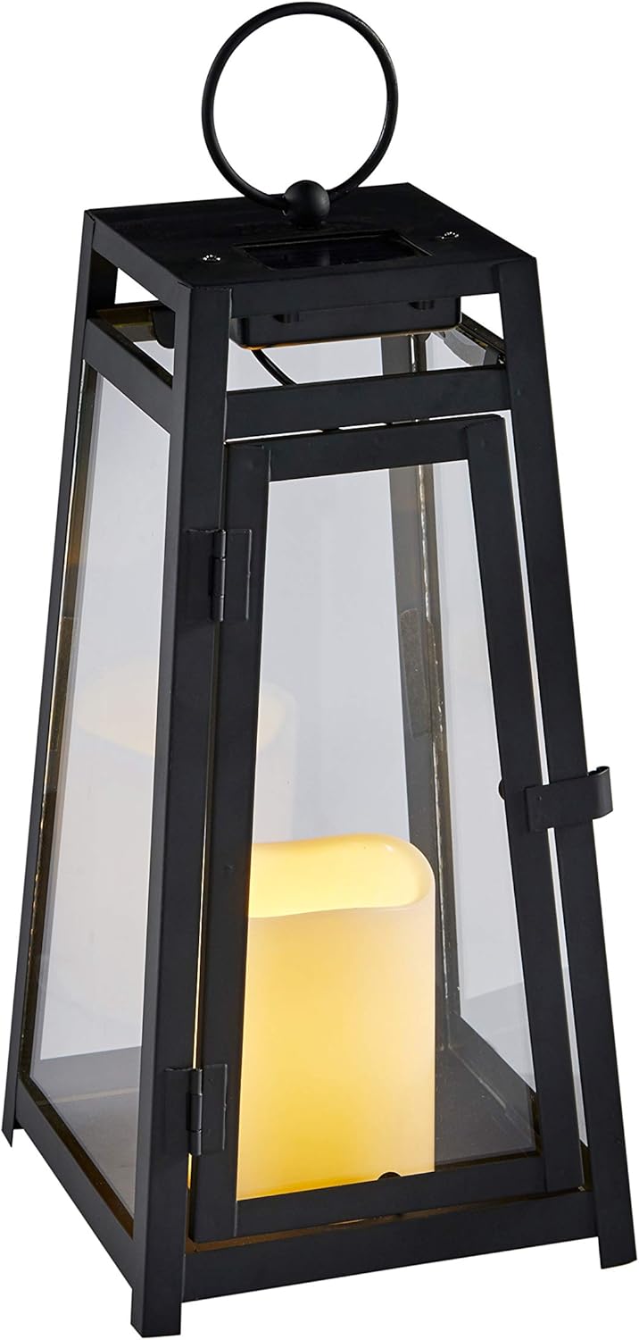 14” Black Metal Solar Powered LED Flameless Candle Lantern L602
