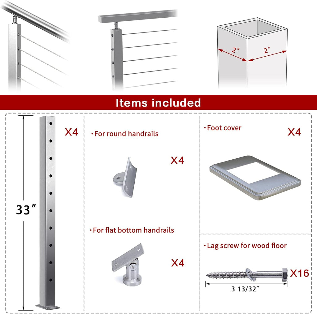 4pack Stainless Steel Brushed Finishing Square Cable Railing Post 36x2x2 V63915