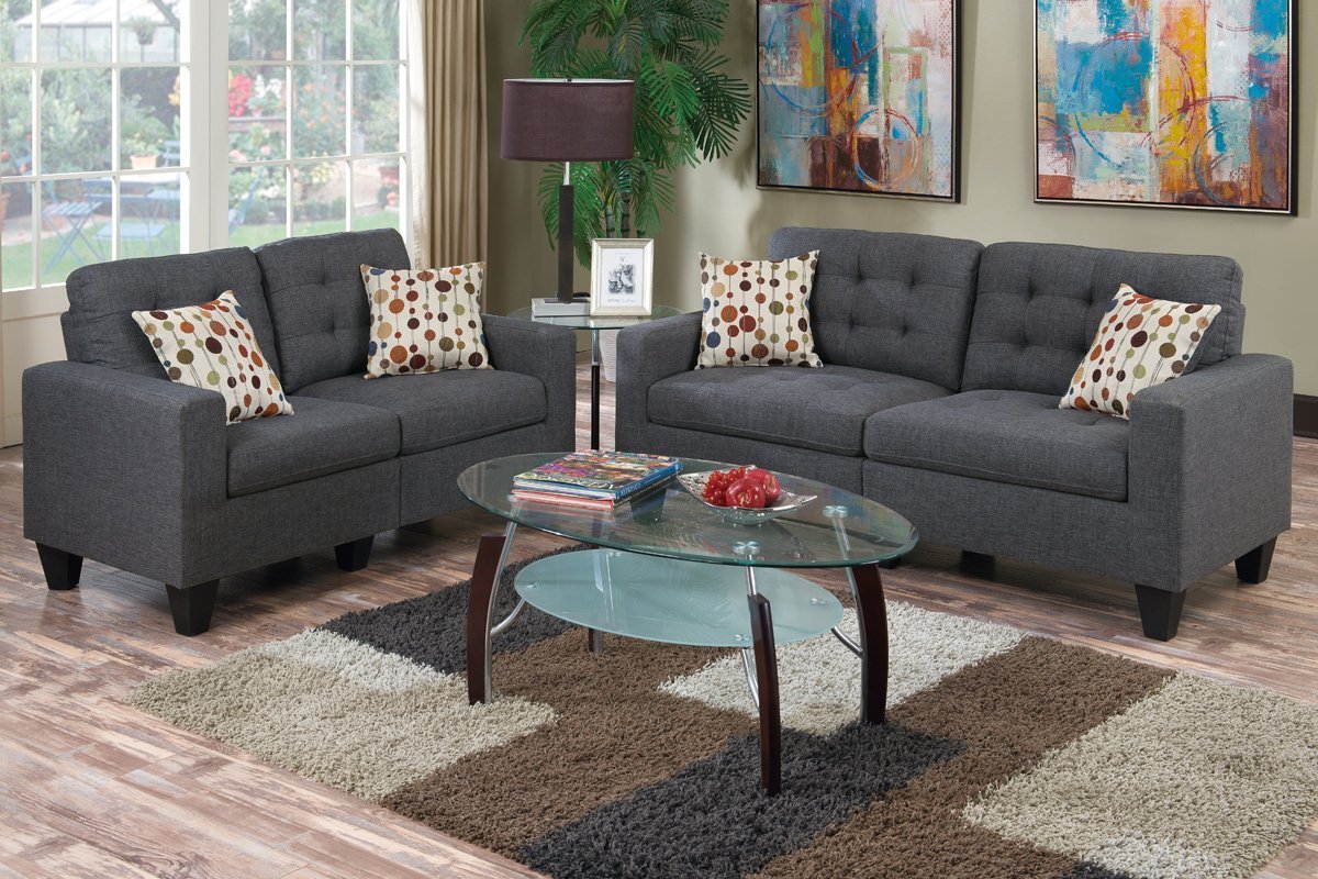 Blue Grey Linen-Like Fabric Sofa and Loveseat Set O99451