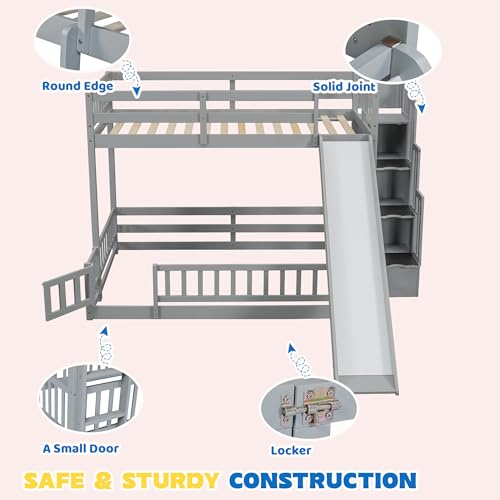 Twin Over Full Bunk Beds with Slide and Stairs, Wood Bunk Bed with Storage Staircase, Gray X991460