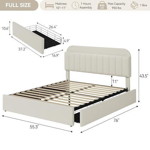 Beige Boucle Upholstered Twin Platform Bed with 2 Drawers J30555