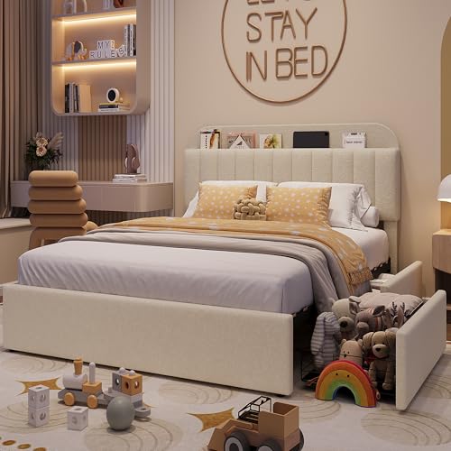 Beige Boucle Upholstered Twin Platform Bed with 2 Drawers J30555