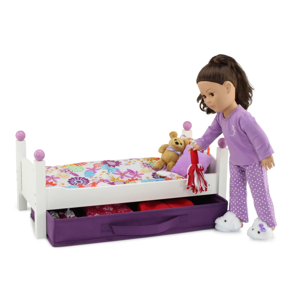 18 Inch Doll Bed with Fabric Storage Bin and Reversible Doll Bedding M29180