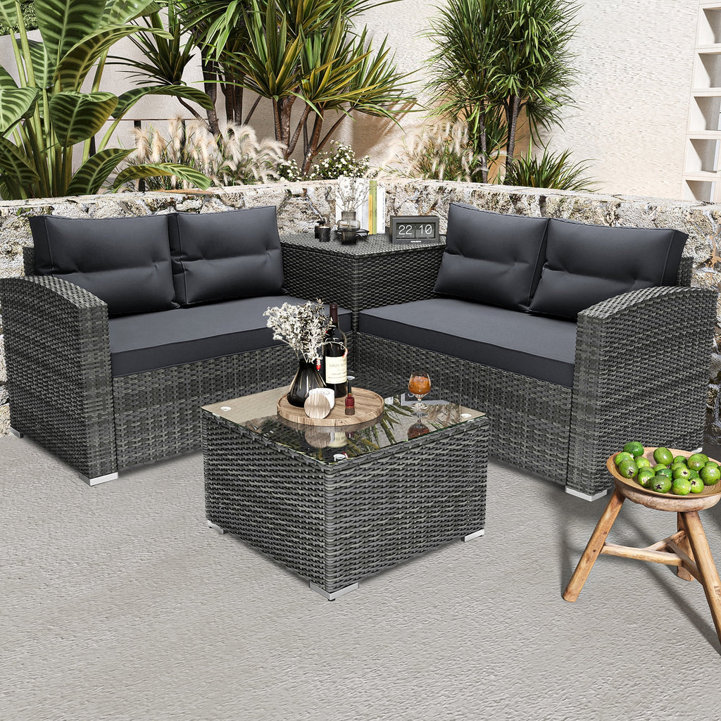 4 Pcs Wicker Patio Conversation Sofa Set with Storage Box & Table Y900