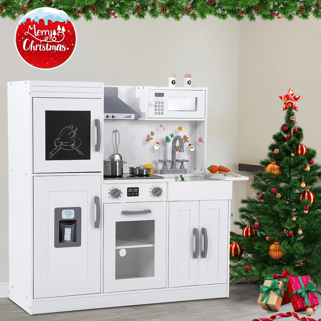 White Wooden Kids Kitchen Playset with 20 PCS Cookware Accessories Y39297