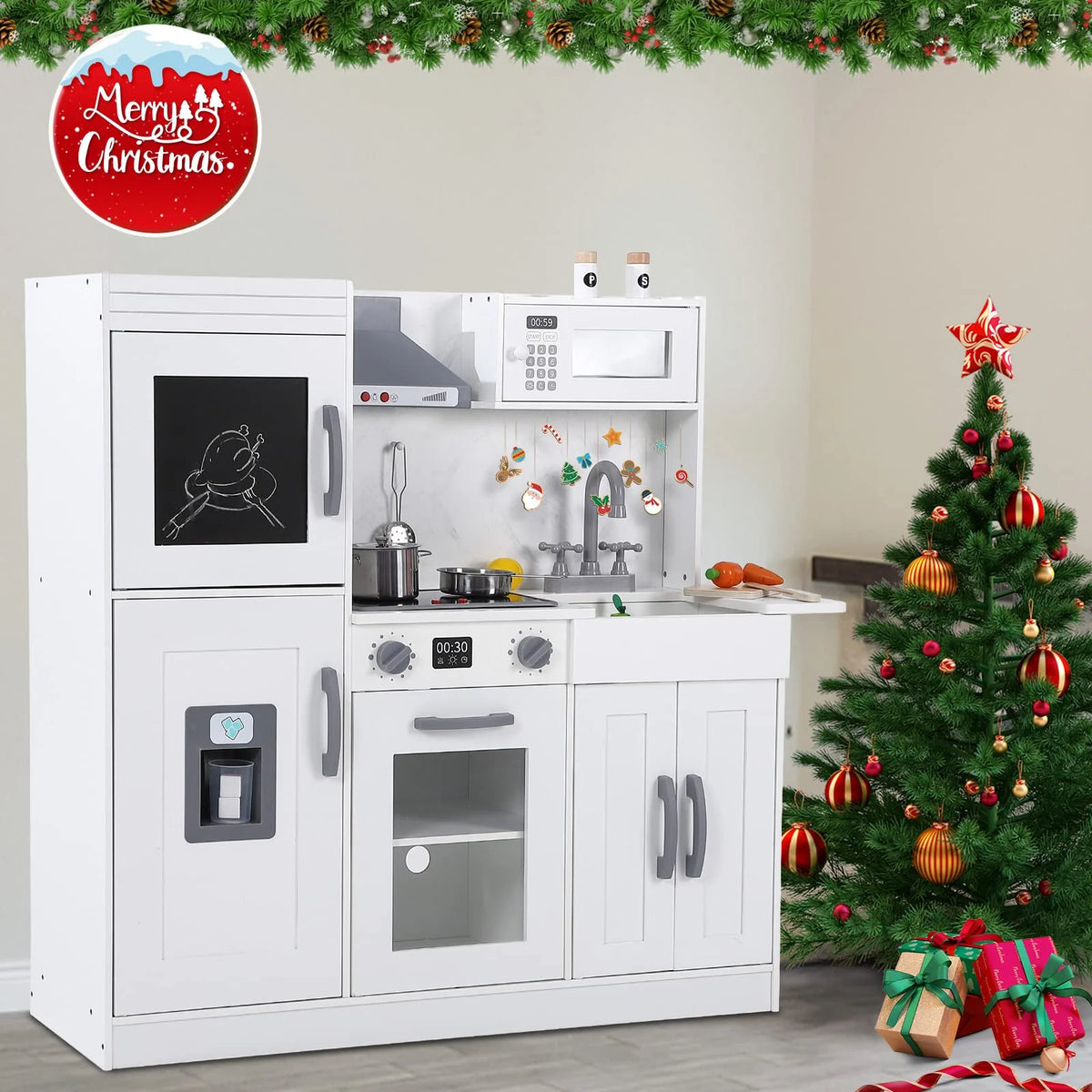 White Wooden Kids Kitchen Playset with 20 PCS Cookware Accessories Y39297