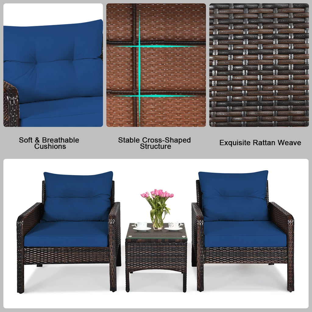 3 Pcs Rattan Patio Conversation Set with Navy Cushions F2137
