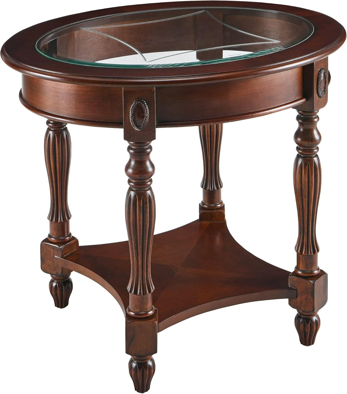 Solid Wood Oval End Table with Tempered Glass and Storage Shelf Walnut E7780