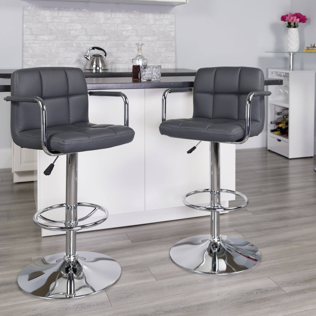 Gray Quilted Vinyl Adjustable Height Barstool with Arms and Chrome Base F35539