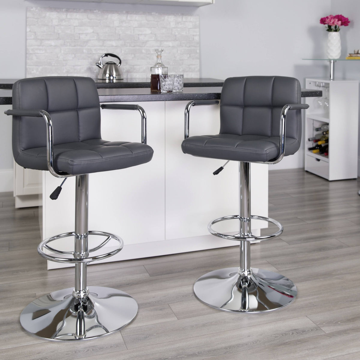 Gray Quilted Vinyl Adjustable Height Barstool with Arms and Chrome Base F35539