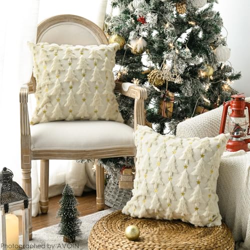 Christmas Tree Green Throw Pillow Cover Set of 2, 18 x 18 Inch Plush Faux Fur Jacquard J624