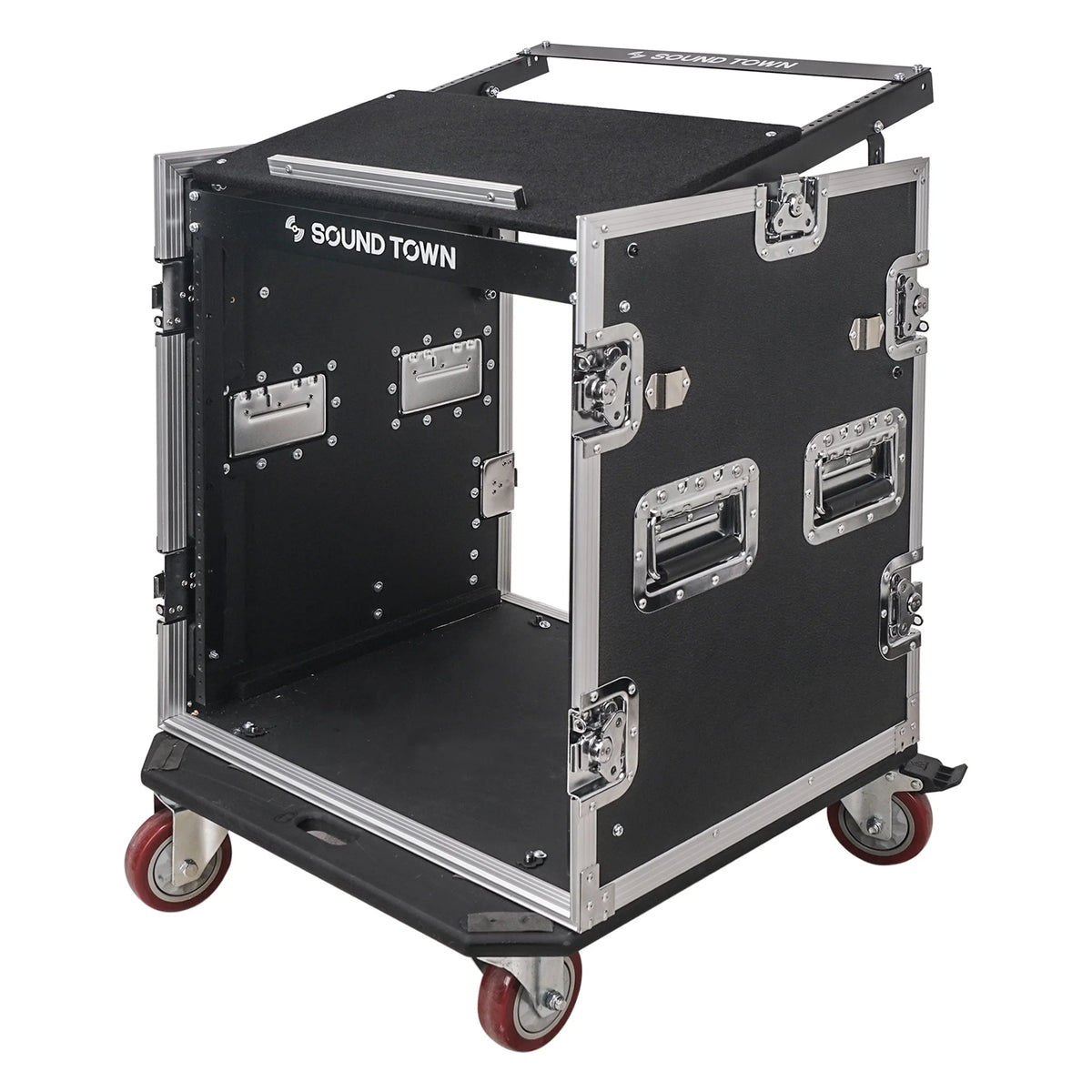12U PA DJ Pro Audio Rack Road ATA Case with 11U Slant Mixer Top, Locking Drawer, Side Table, 20’’ Rackable Depth and Casters I646866