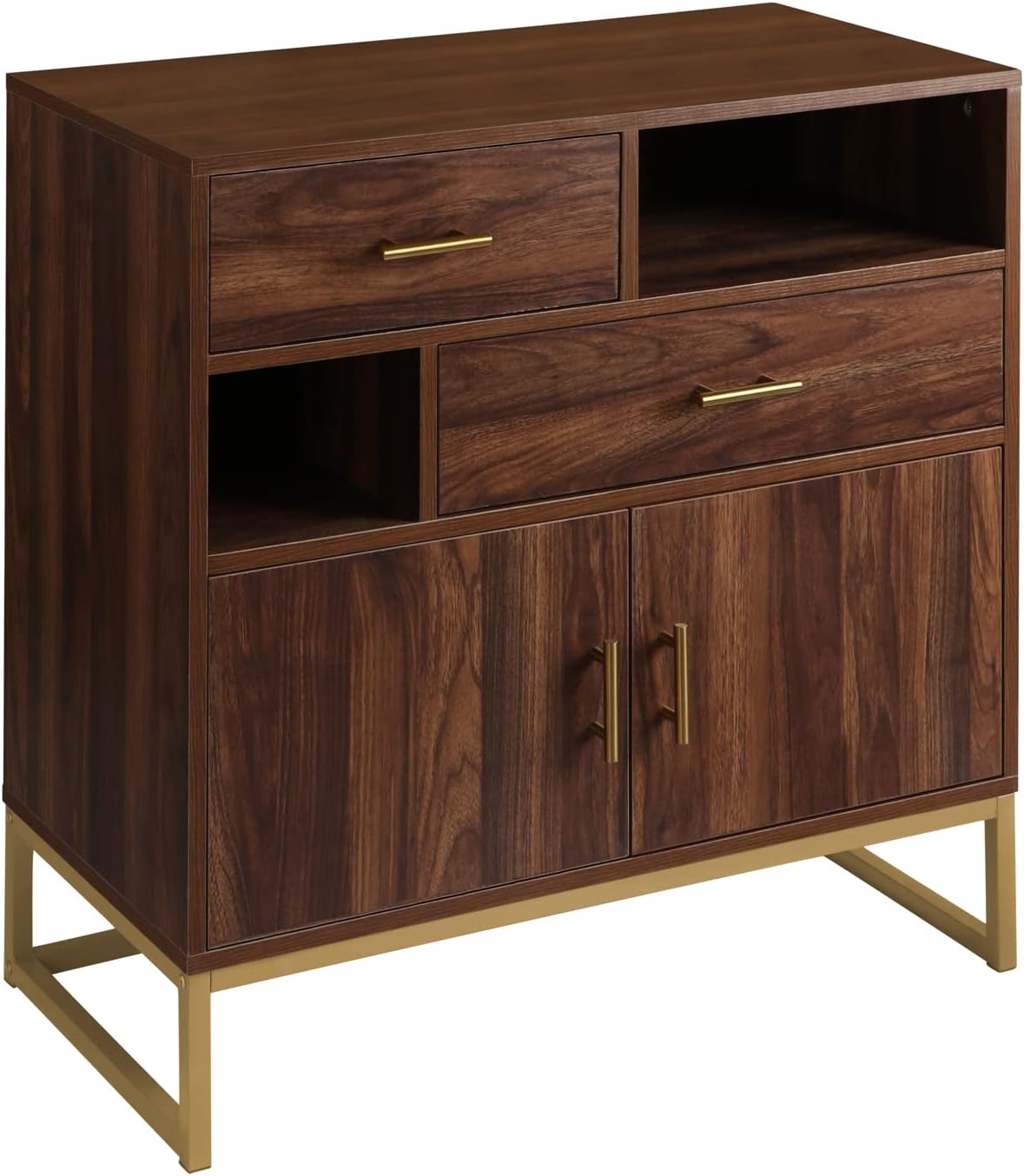 Walnut Wood 2 Doors Accent Storage Cabinet with Drawers and Shelves I40459