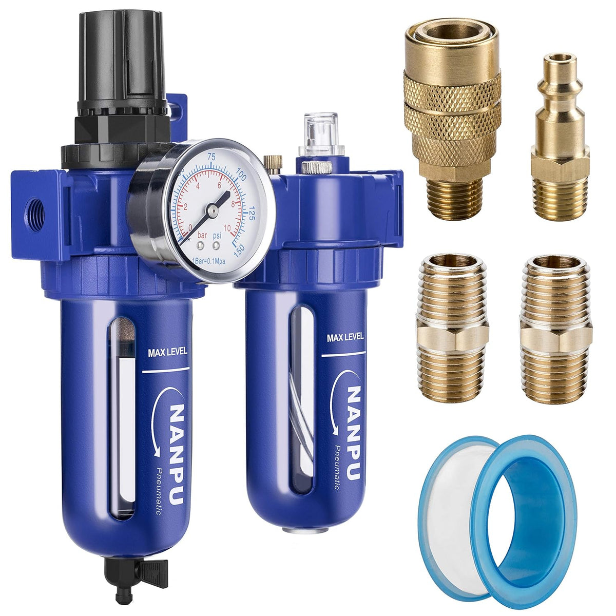 Compressed Air Filter Regulator Lubricator, Zinc Alloy, 5 Micron Brass Element, 0-150 psi Gauge B7987