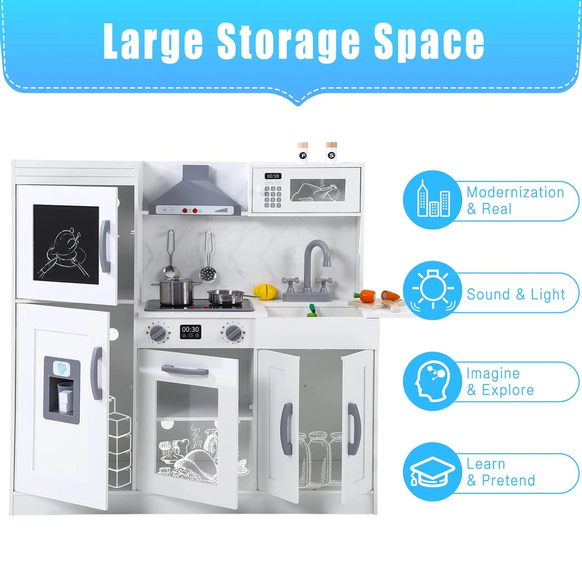 White Wooden Kids Kitchen Playset with 20 PCS Cookware Accessories Y39297