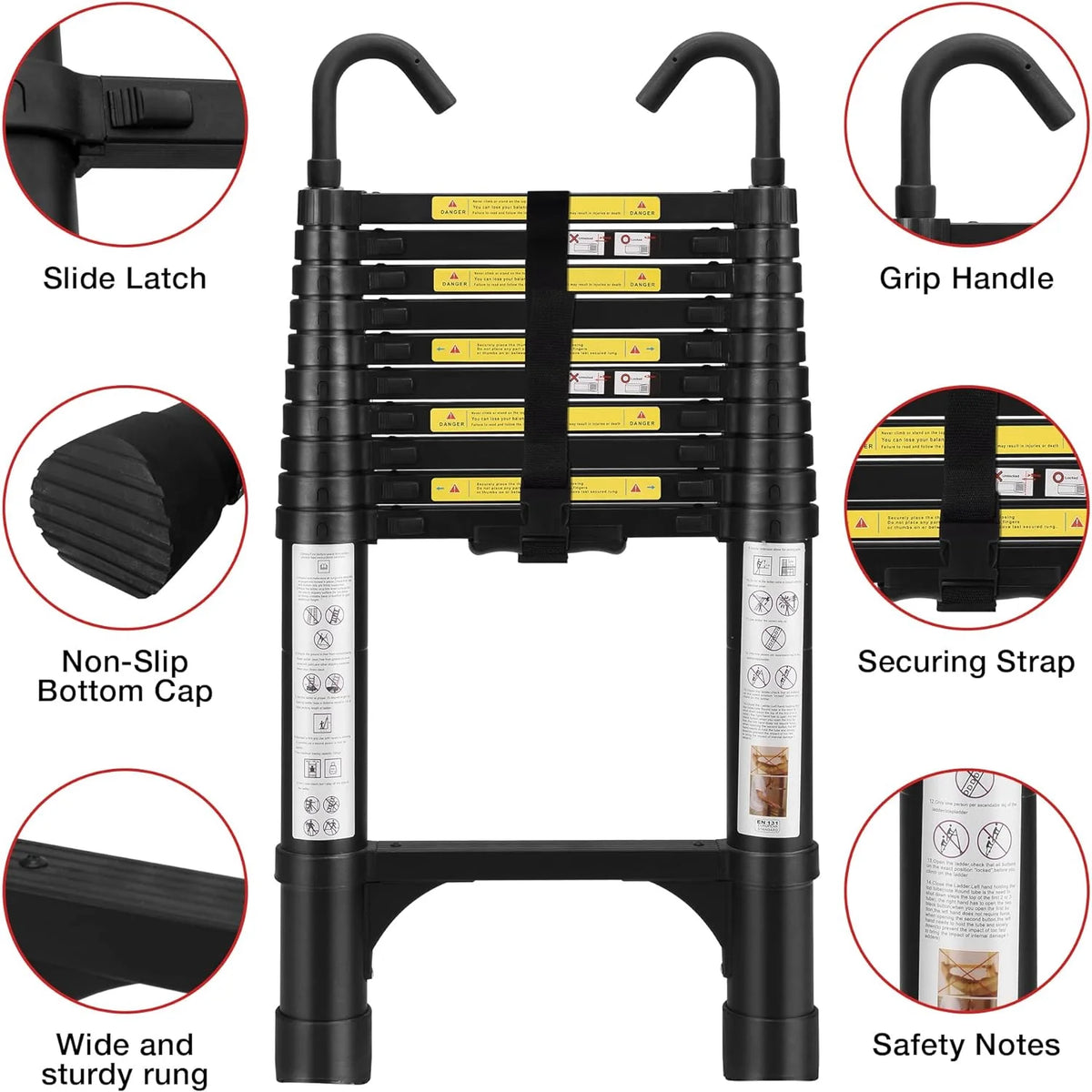 Telescoping Ladder 10.5 FT Aluminum with 2 Detachable Roof Hooks and 2 Triangle Stabilizers F617