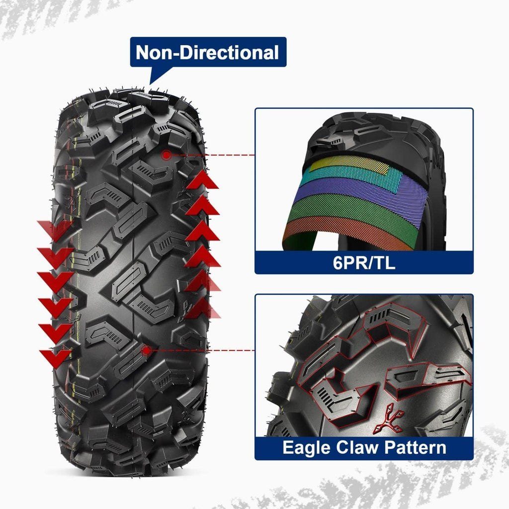 25x8-12 25x10-12 ATV Tires Set of 4, 6PR, Tubeless, 0.8" Tread Depth J68466