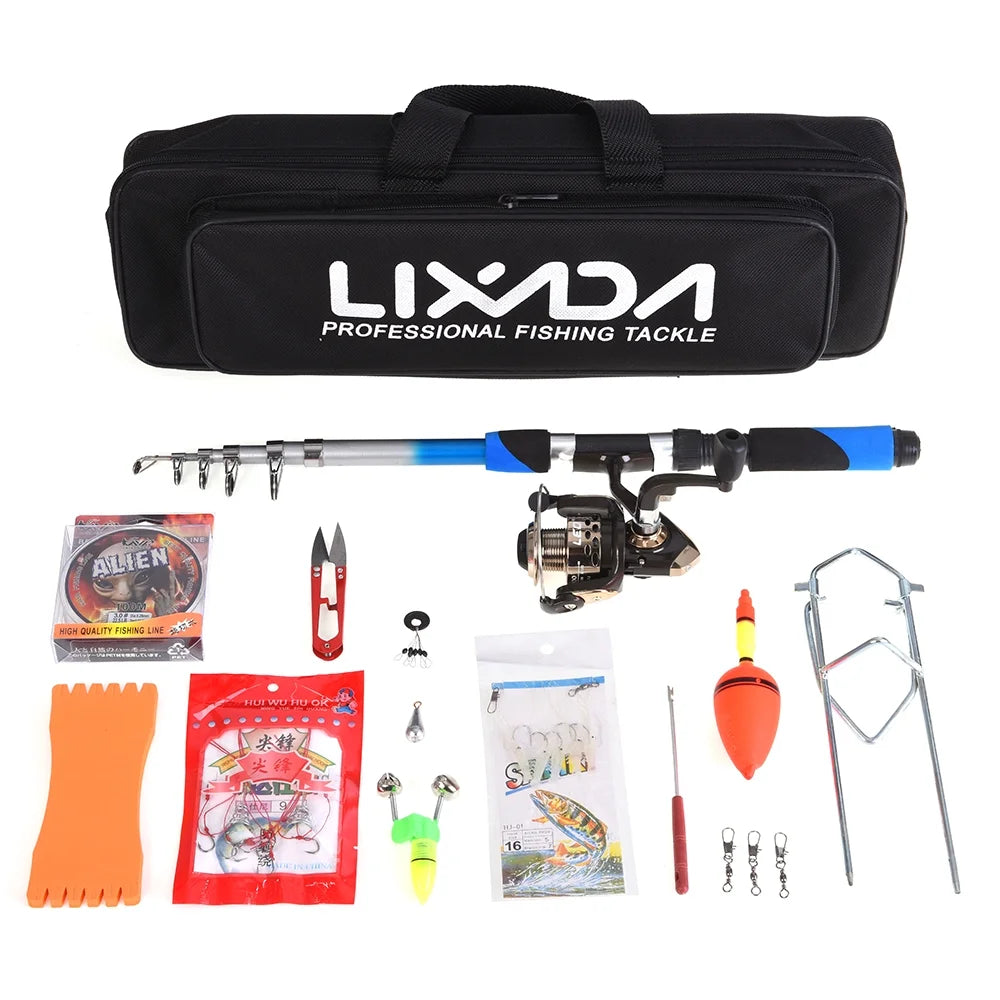 2.1m Telescopic Fiberglass Fishing Rod Reel Baits Hooks Bag Kit R647