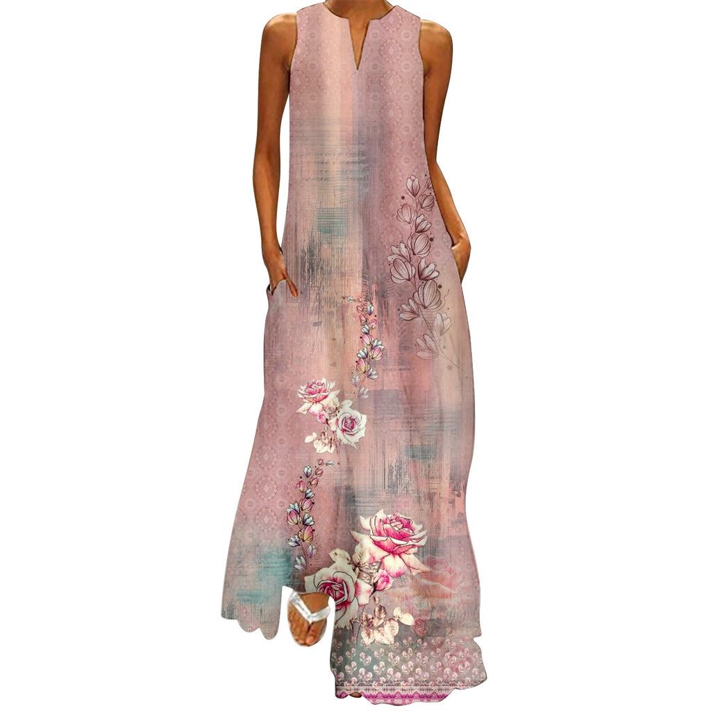 Plus Size Sleeveless Print V Neck Loose Long Sundress with Pockets X374743